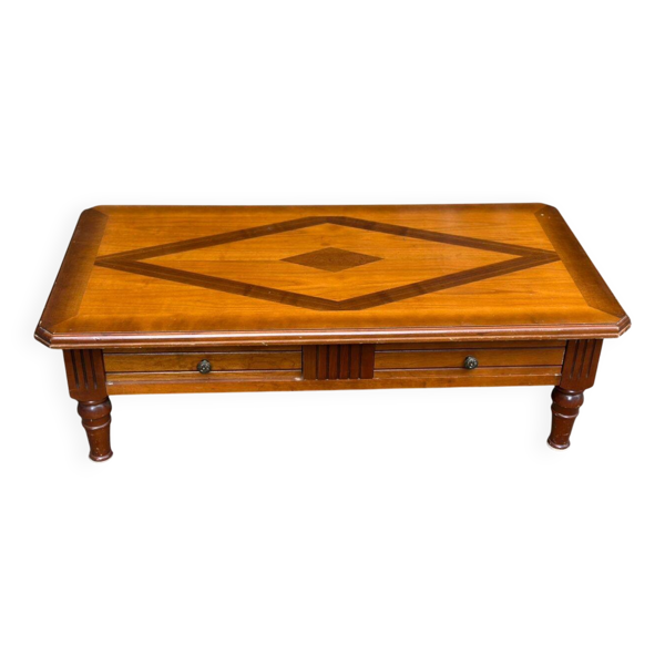 Table basse coloniale en bois massif avec 2 tiroirs