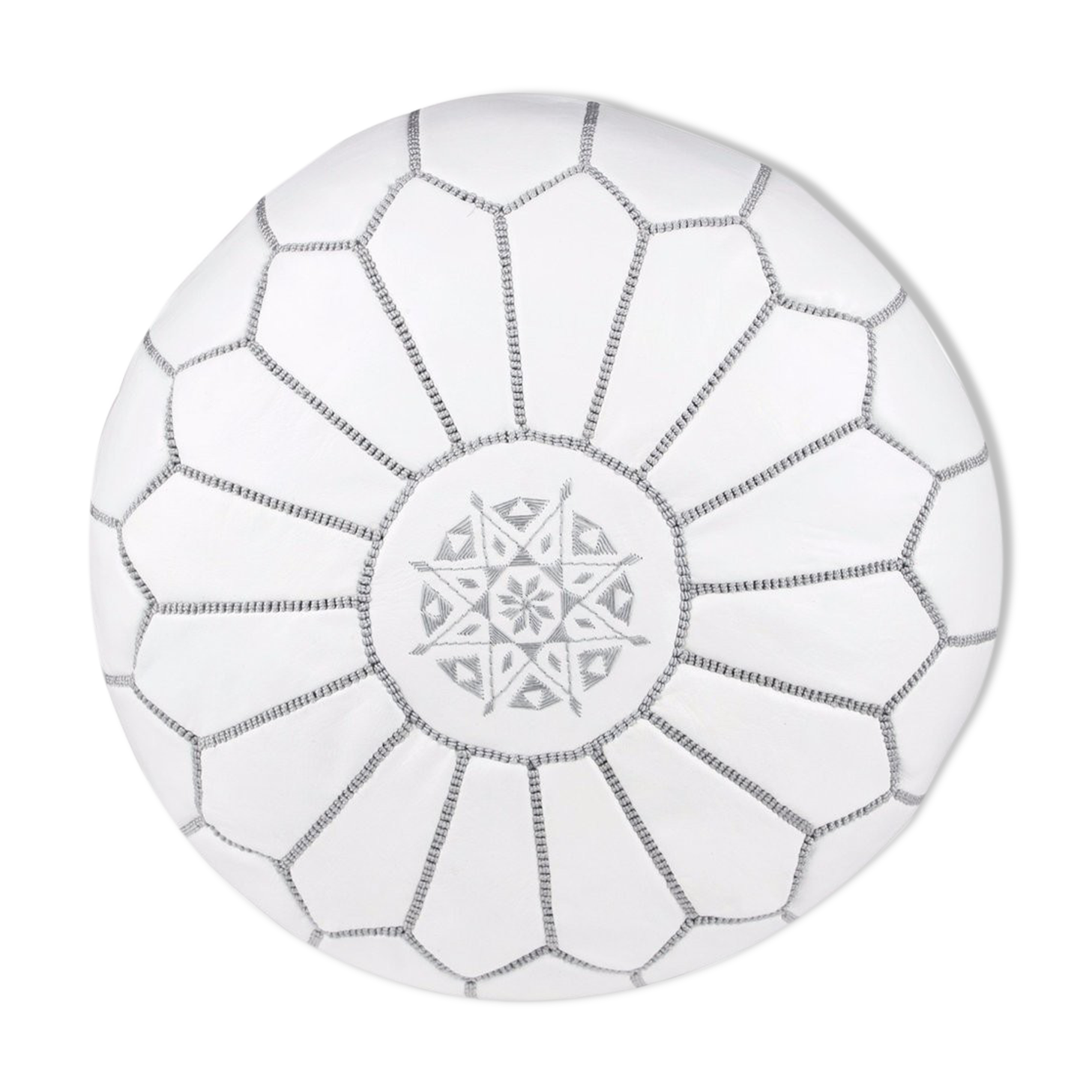 Grey white leather pouf - handmade Morocco D 53cm x H 32cm