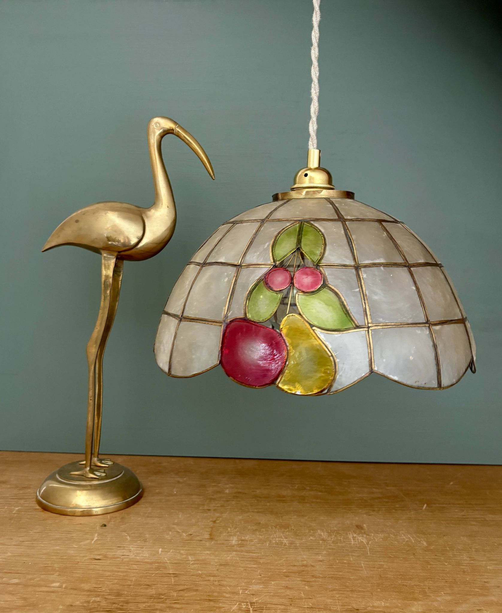 Vintage mother-of-pearl and brass pendant lampshade with fruit decorations