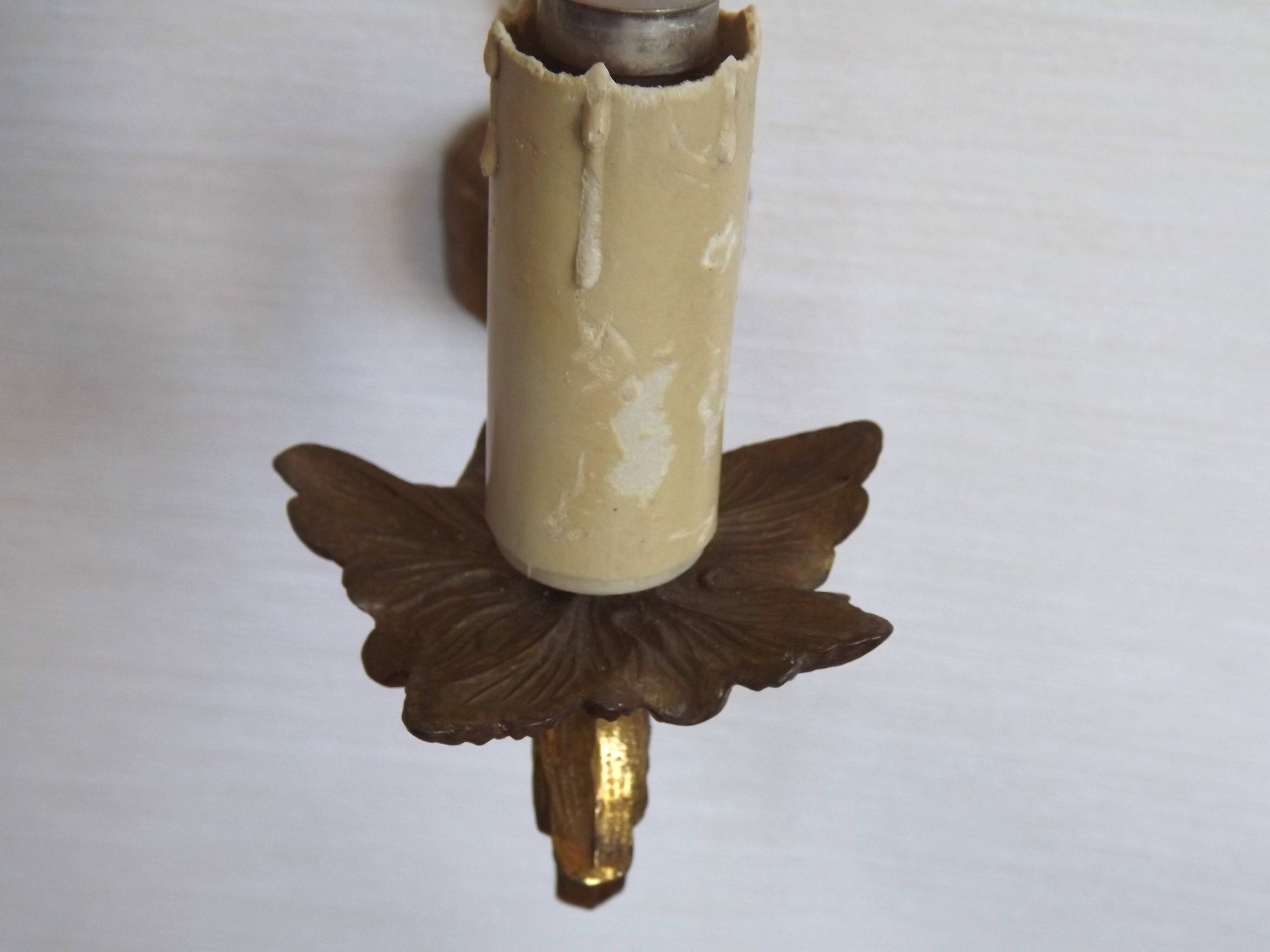 Pair French Gilt Bronze Single Wall Sconces Leaf & Feather Plume Detail