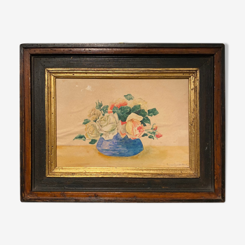 Tableau ancien , nature morte aux roses, XX siècle