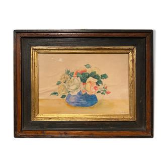 Tableau ancien , nature morte aux roses, XX siècle