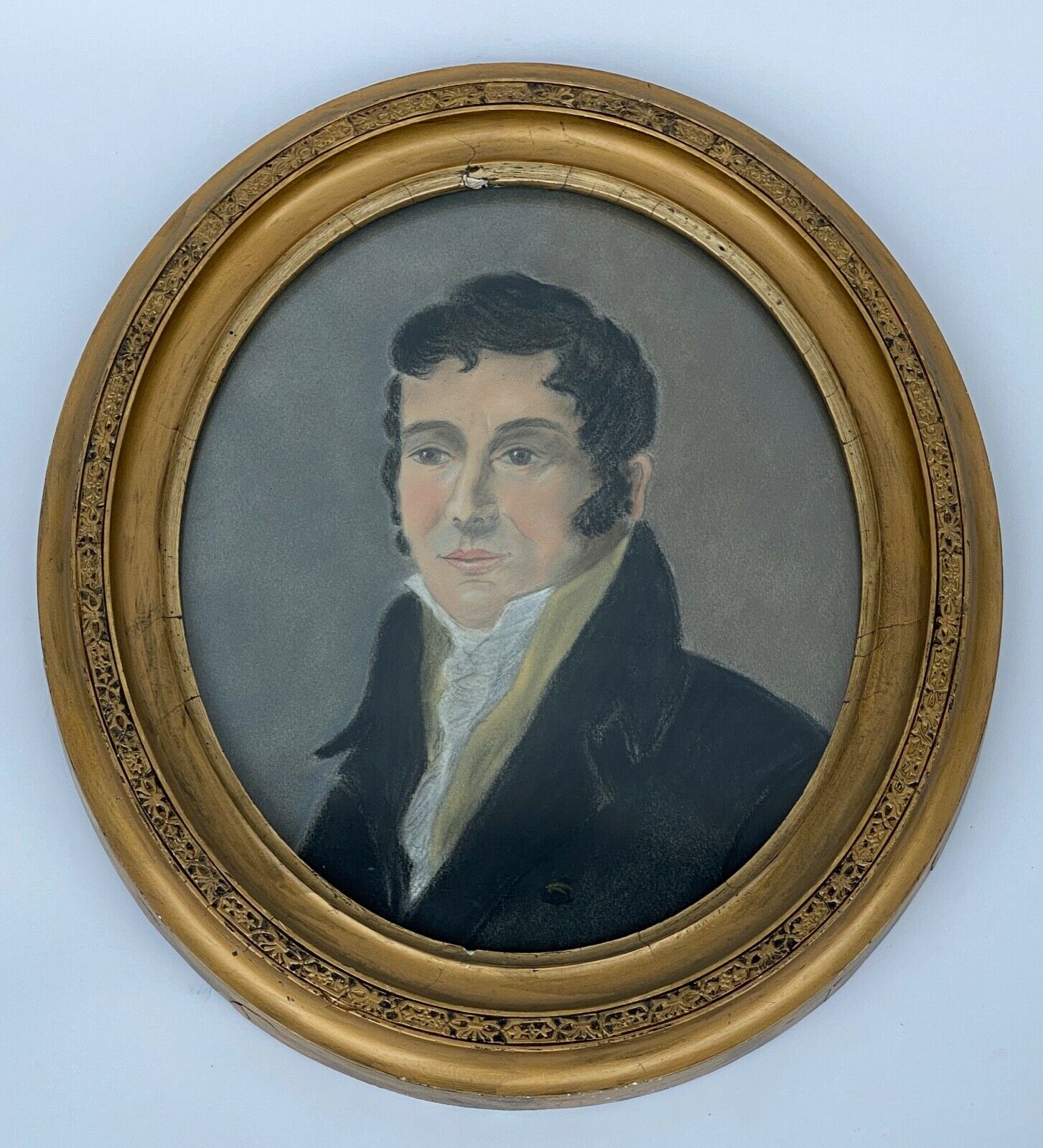 Watercolor on paper portrait man frock coat oval frame dore