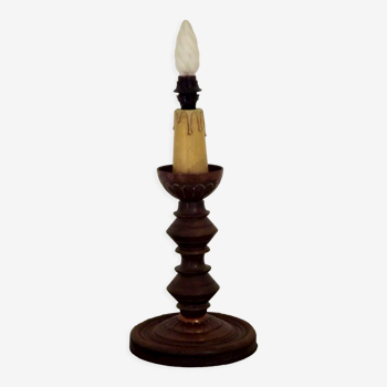 Pied de  lampe français milieu du siècle rond tourné bois et cuivre bougie goutte à goutte