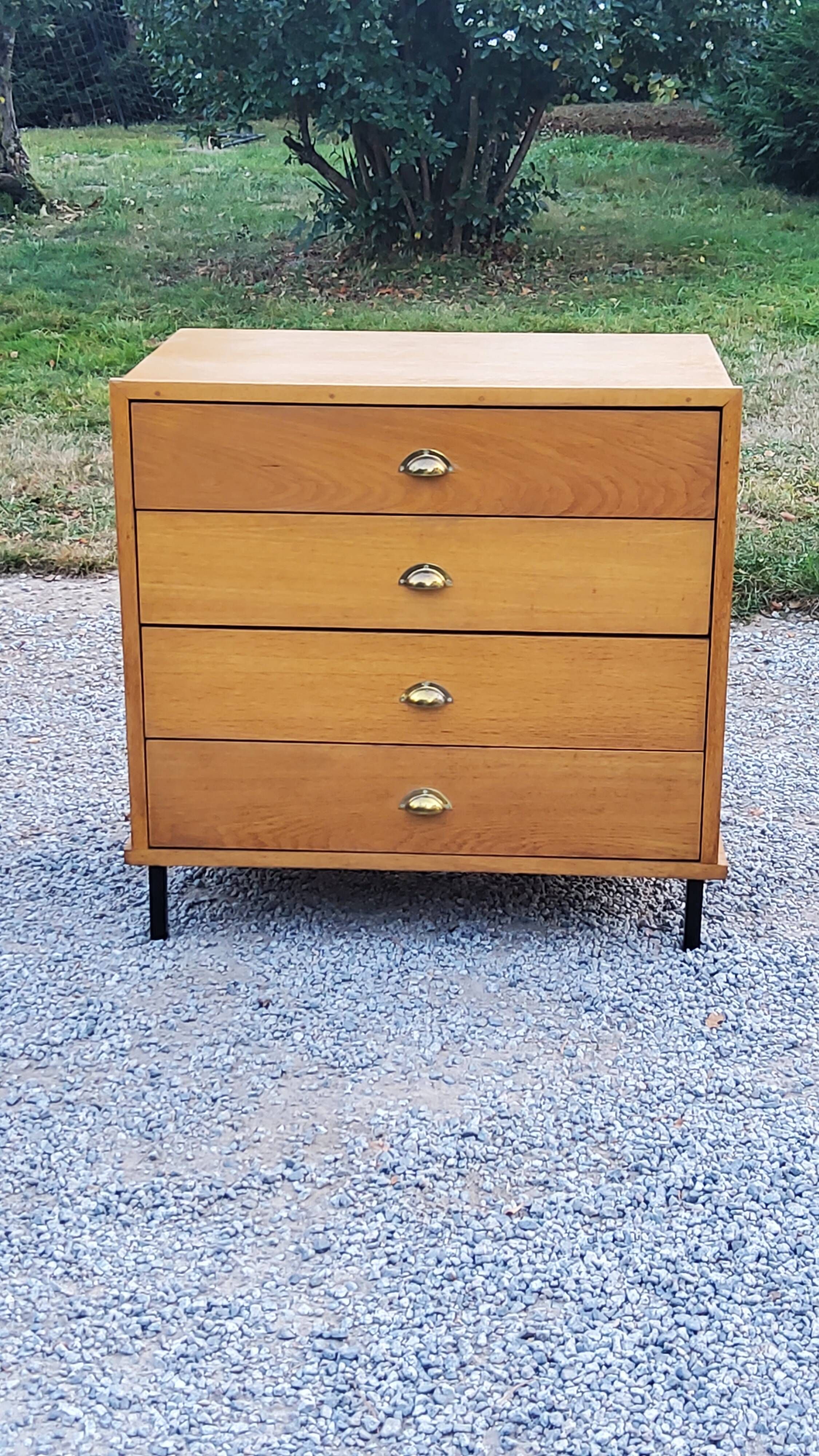 Vintage store chest of drawers in blond oak metal tube legs 4 drawers