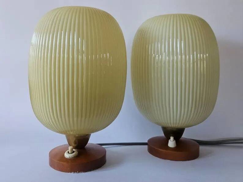 Rare Pair of Table Lamps, Glass and Wood, 1960s