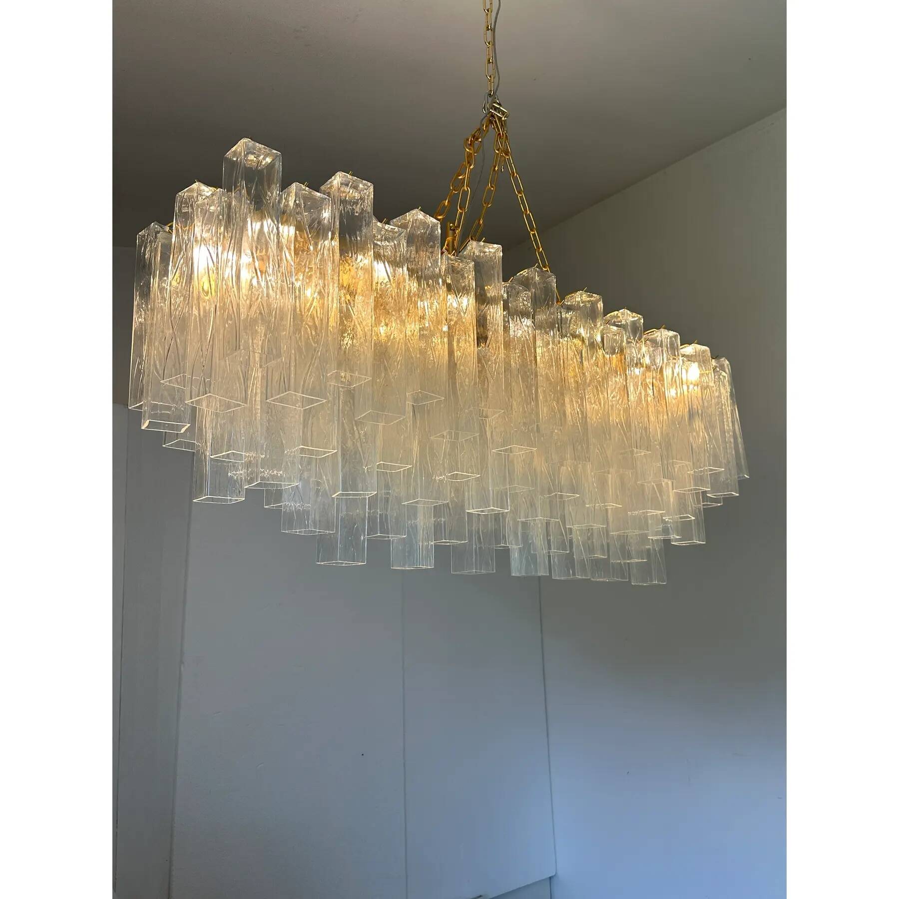 Luxury Italian Rectangular "Square ” Murano Glass Gold Chandelier by Simoen