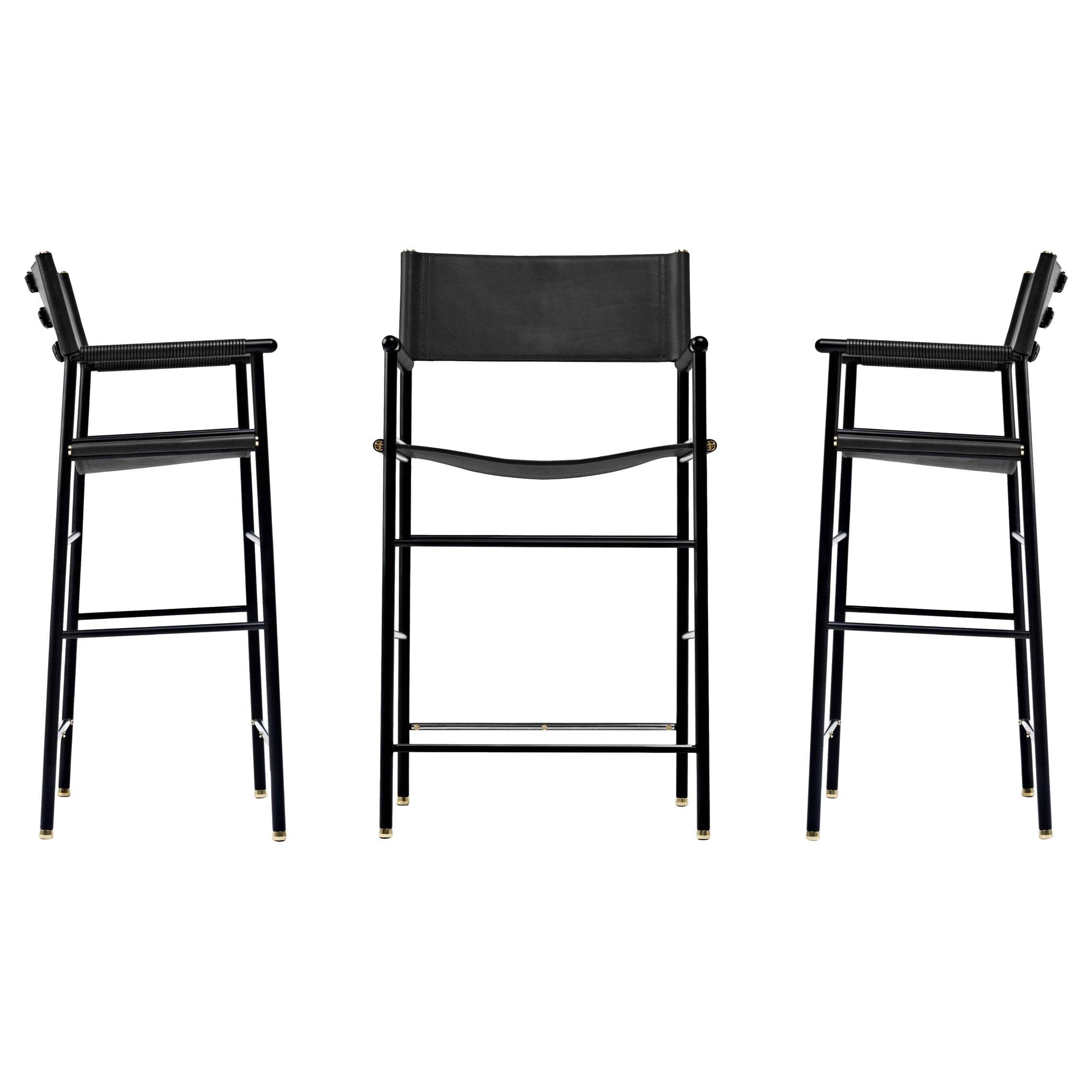 Jeu de 3 tabourets de bar classiques c. Respaldo Piel negra y estructura metálica de goma negra