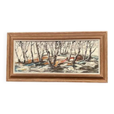 Huile sur panneau suédois - "Forêt en hiver" - Signé - Vintage et encadré