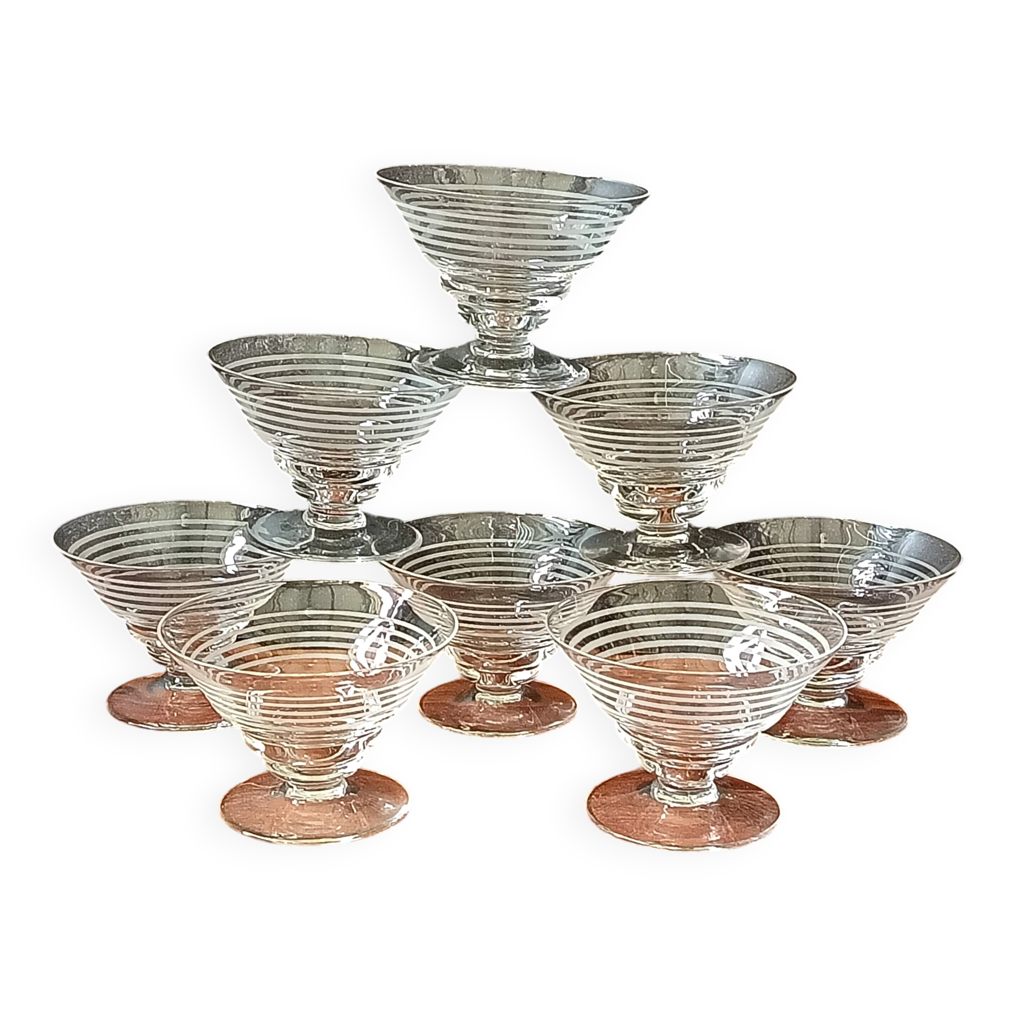 8 VERRES coniques motif lignes vintage 1950