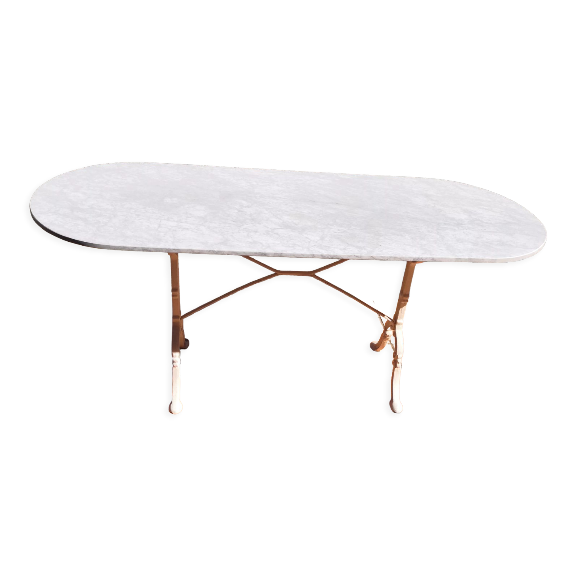 Table à manger oblongue marbre blanc & pied en fonte vintage