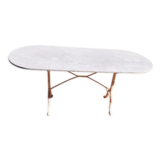 Table à manger oblongue marbre blanc & pied en fonte vintage