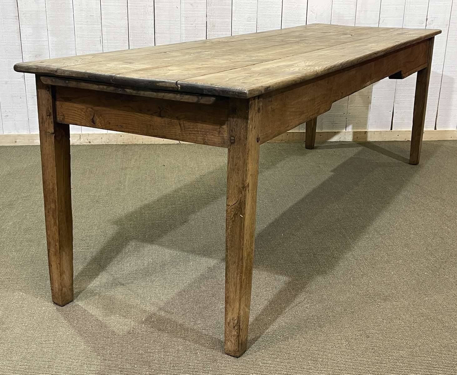 19th century farmhouse table in raw chestnut with original drawer and shelf