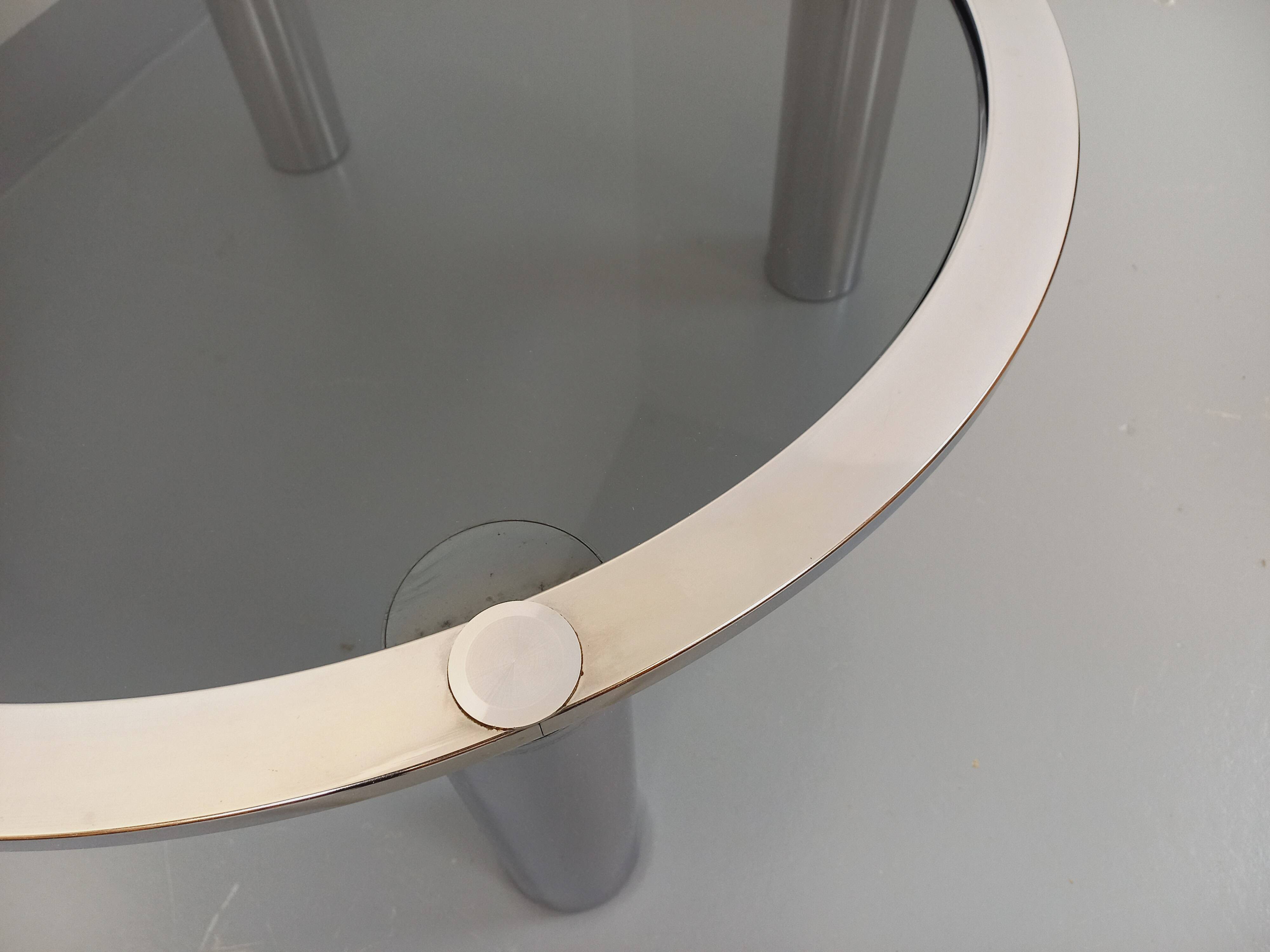 Vintage round coffee table in smoked glass and chrome metal from the 70s