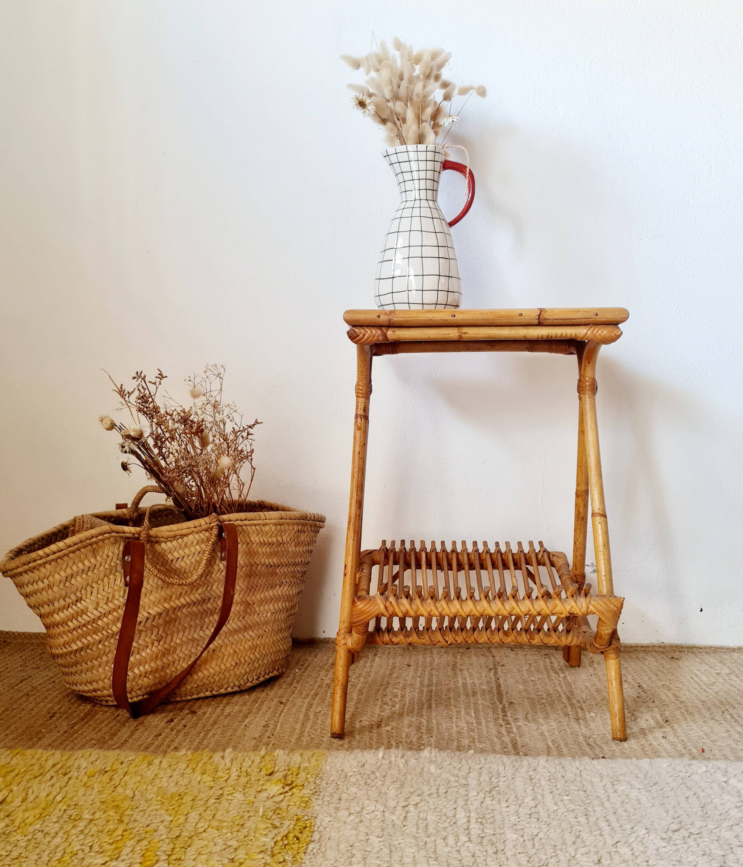 Vintage rattan and bamboo side table – 1960s Riviera style -