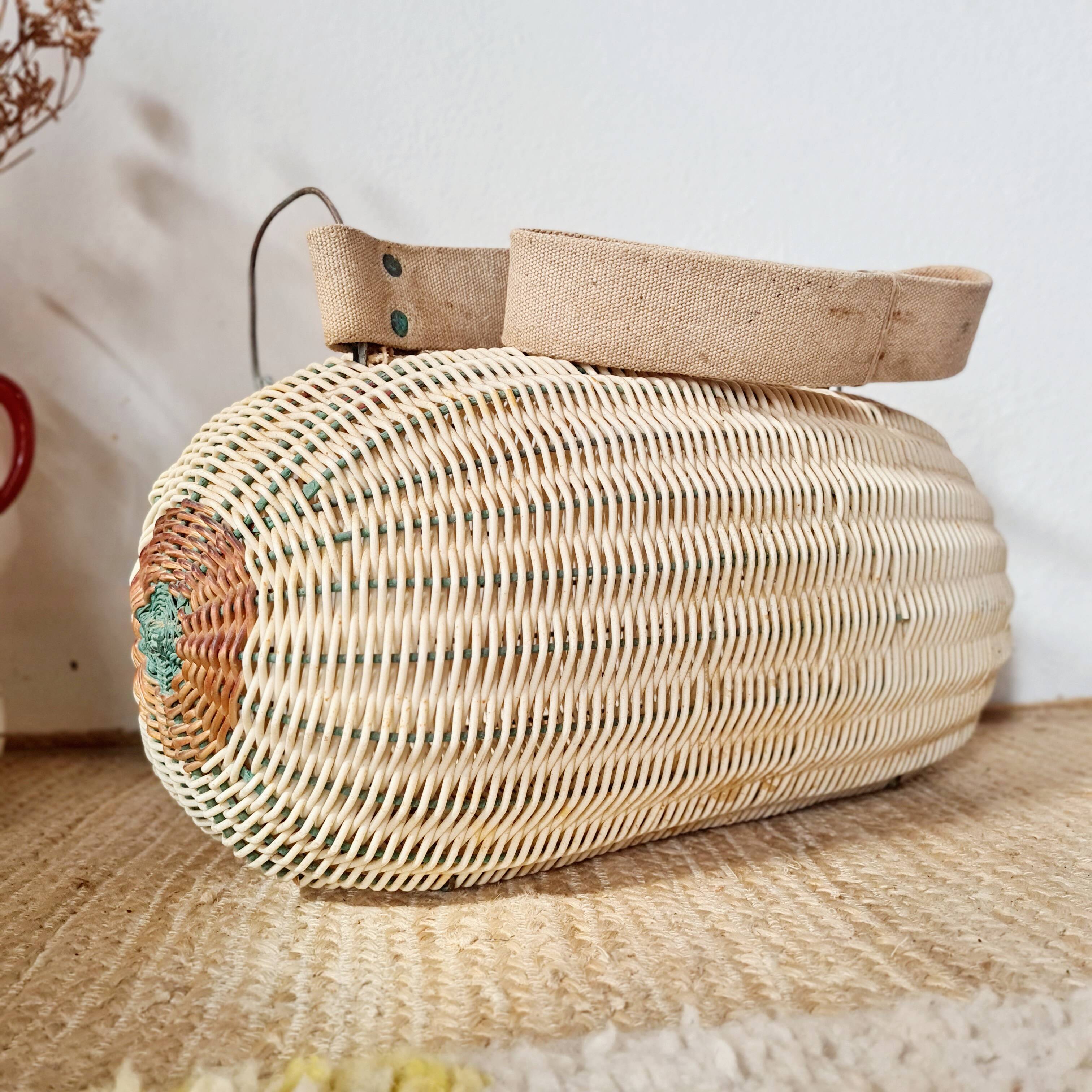 Panier ancien, besace en osier tressé - art populaire