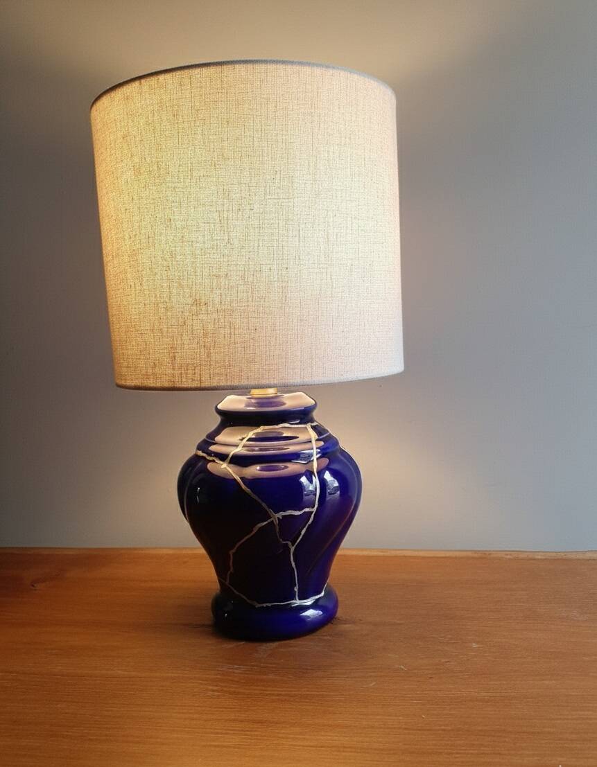 Handcrafted table lamp, ceramic base and Kintsugi with pure silver.