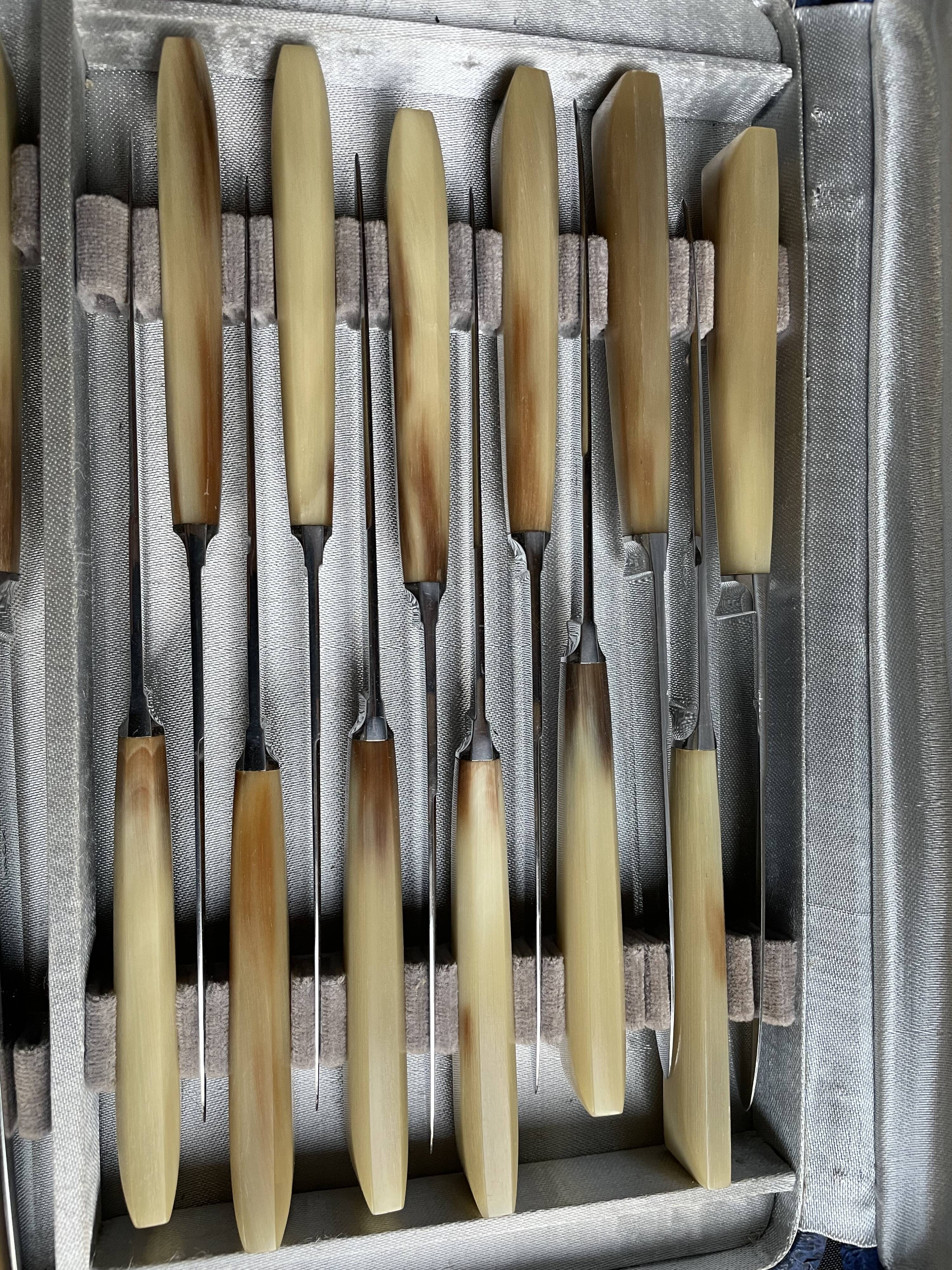 Coffret de 24 couteaux art déco lame inox et manche corne