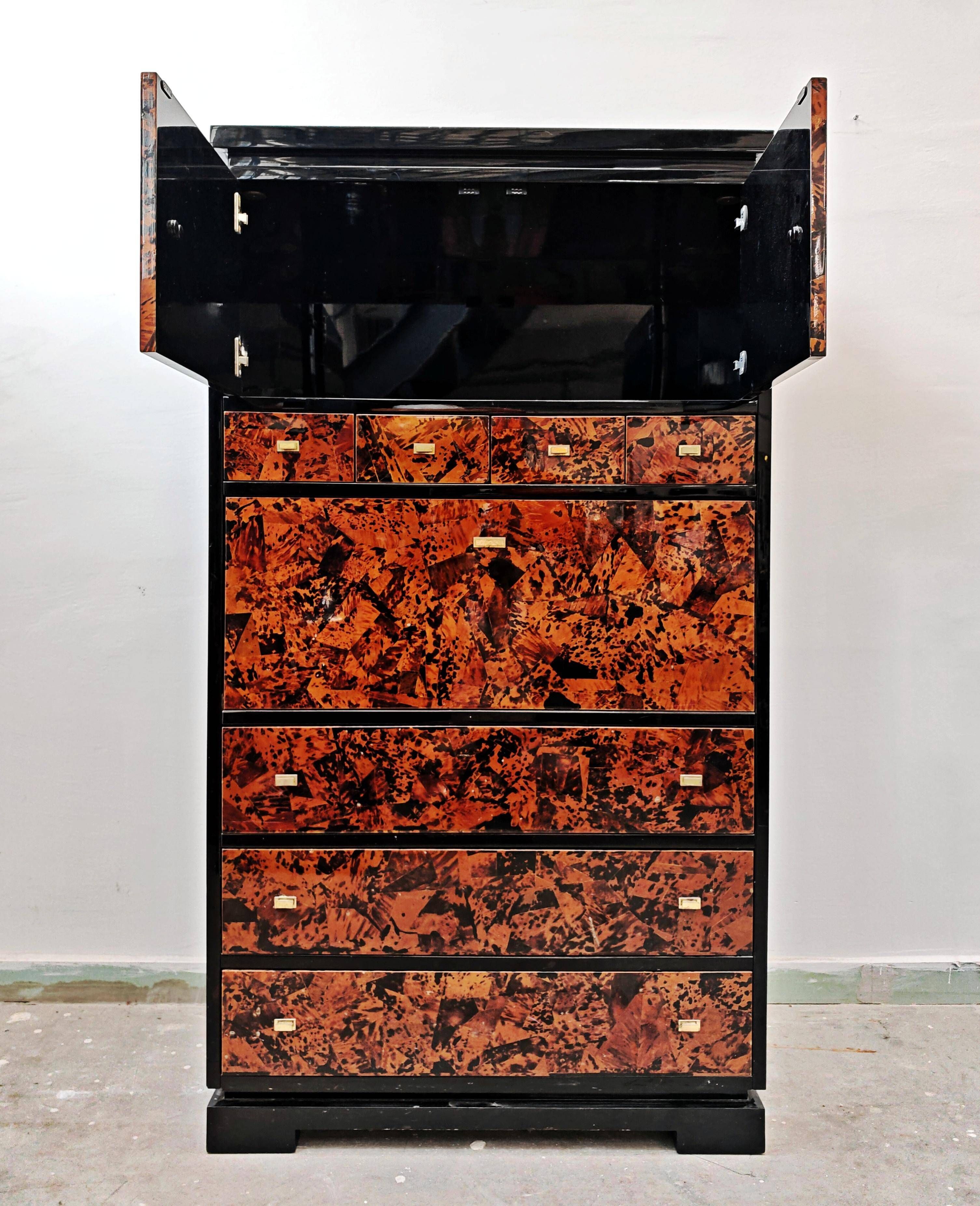 Mid Century Tall Boy or Secretary in tortoiseshell and lacquer by Ottini
