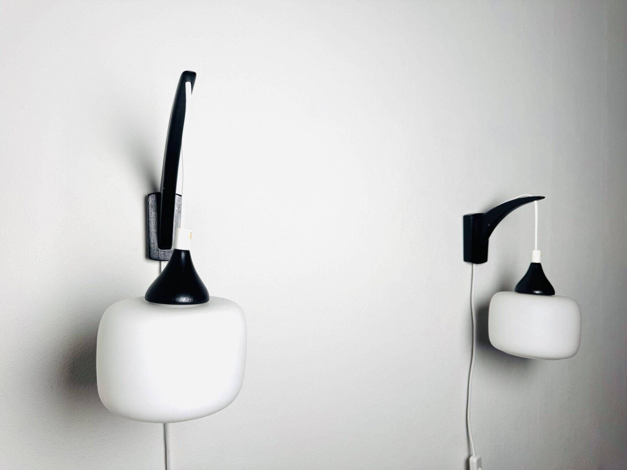 Set Of Single-Arm Wall Lamps In Teak And Opaline Glass By Uno & Östen Kristiansson For Luxus, Sweden 1960S