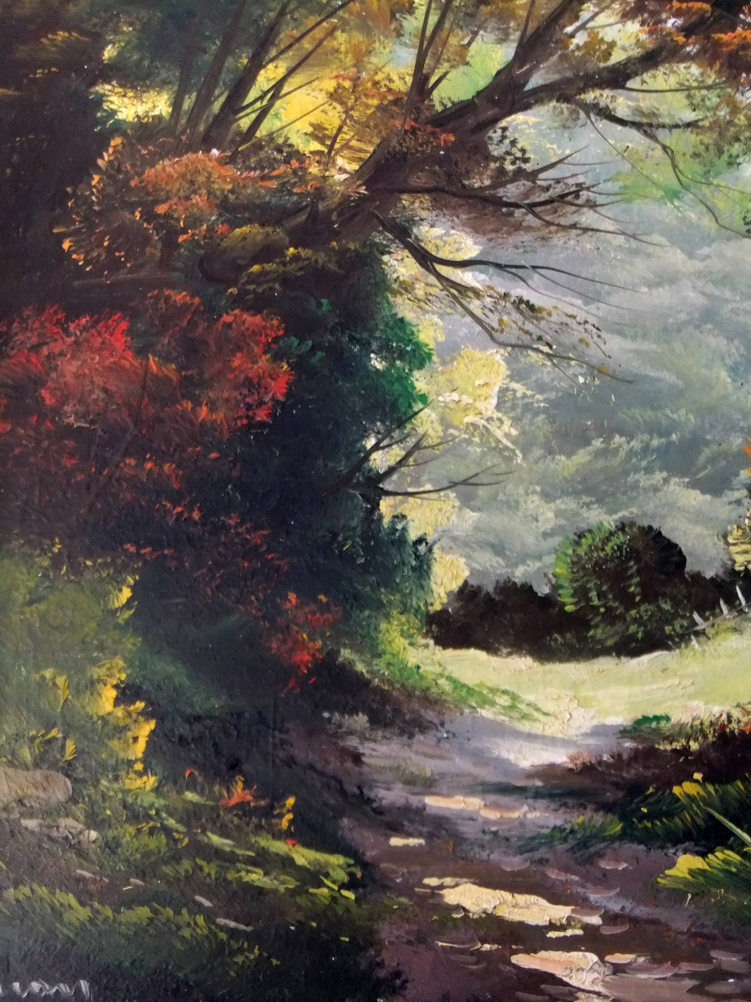 Tableau peinture à l'huile paysage signé Vernon cadre bleu gustavien et or