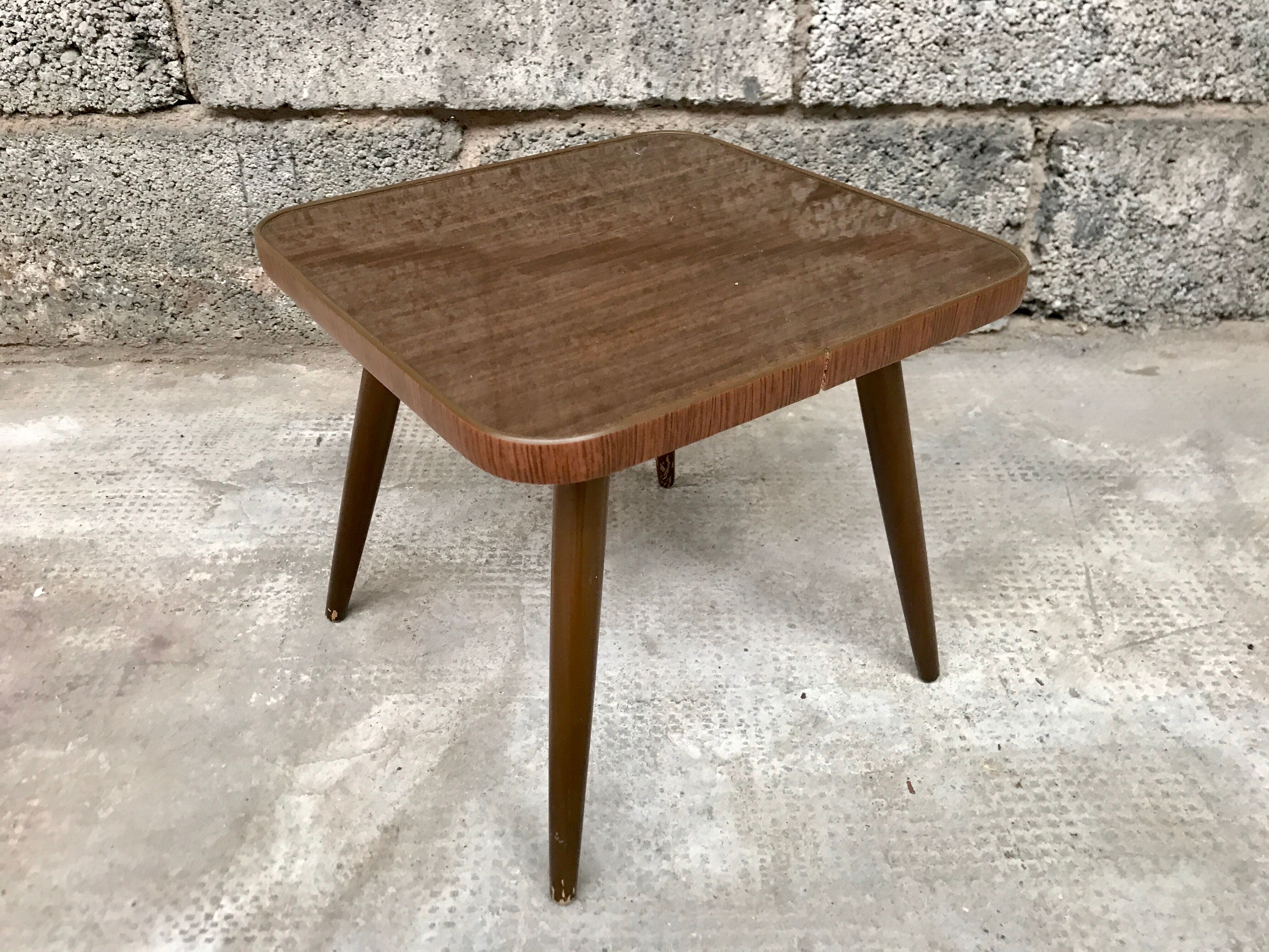 Vintage brown square pedestal table 1950