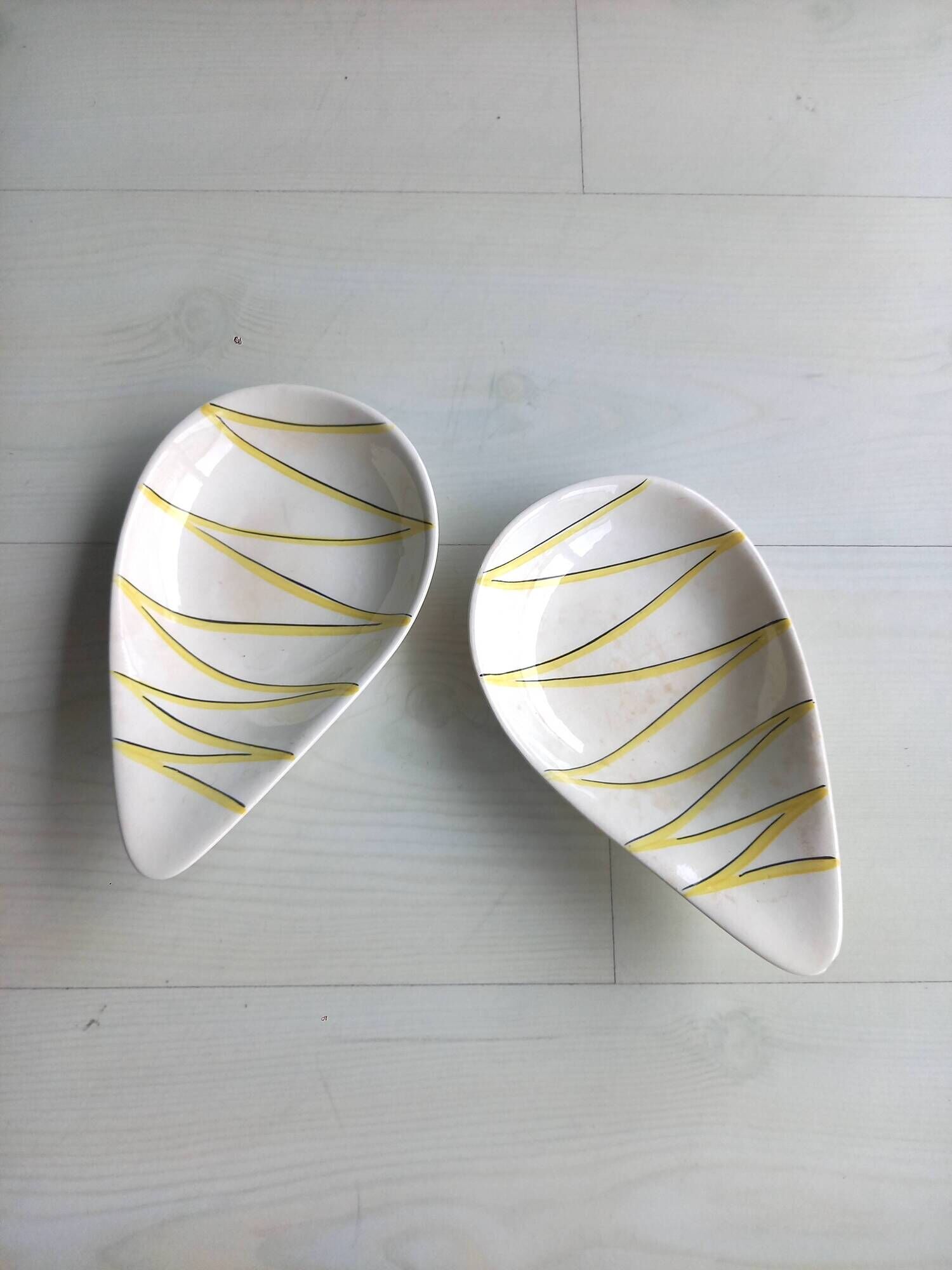 1950 SALINS service Aurore model yellow and black striped soup plates dish ravier