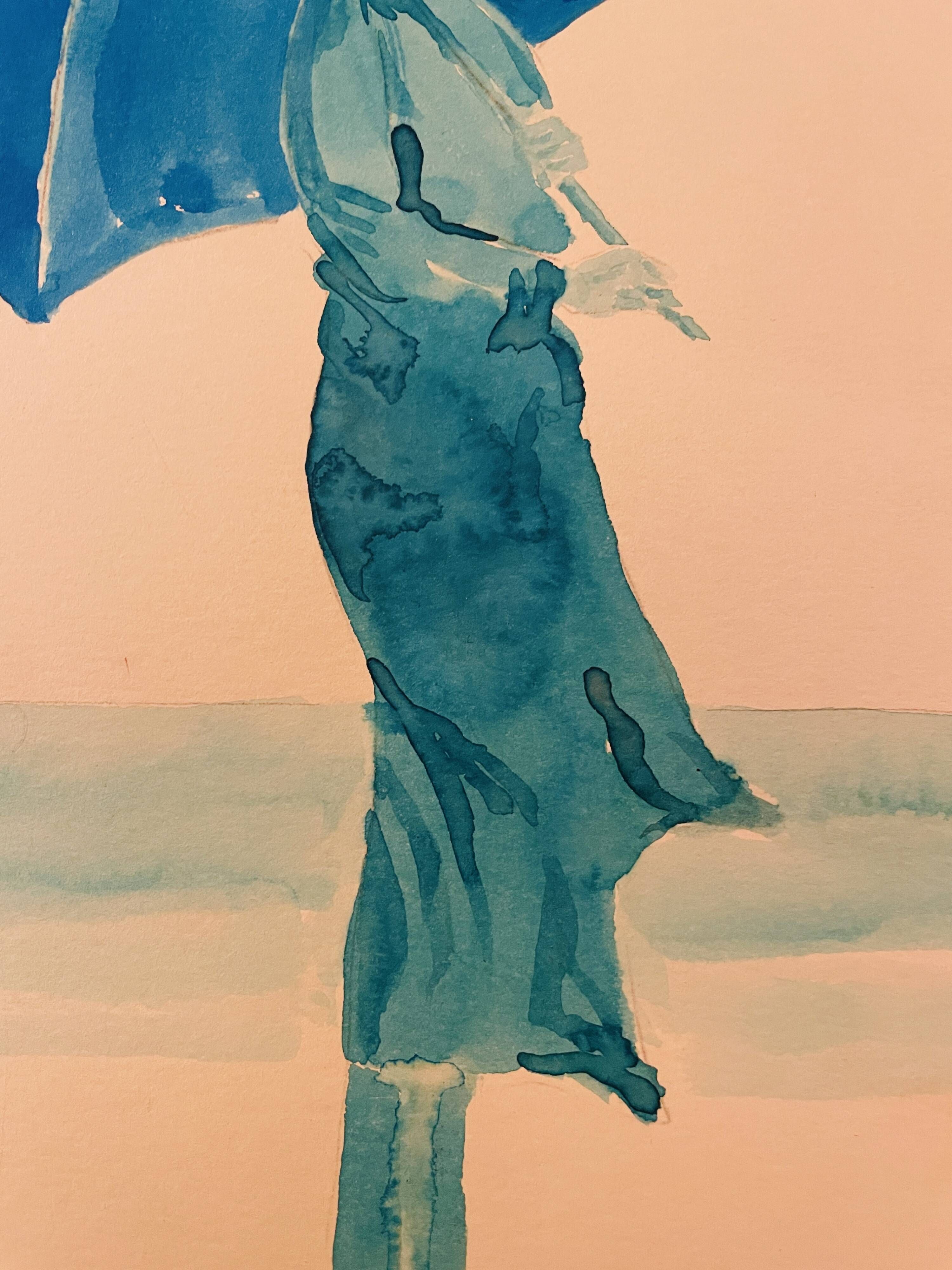 Monochrome blue painting signed female portrait "weekend in Deauville"
