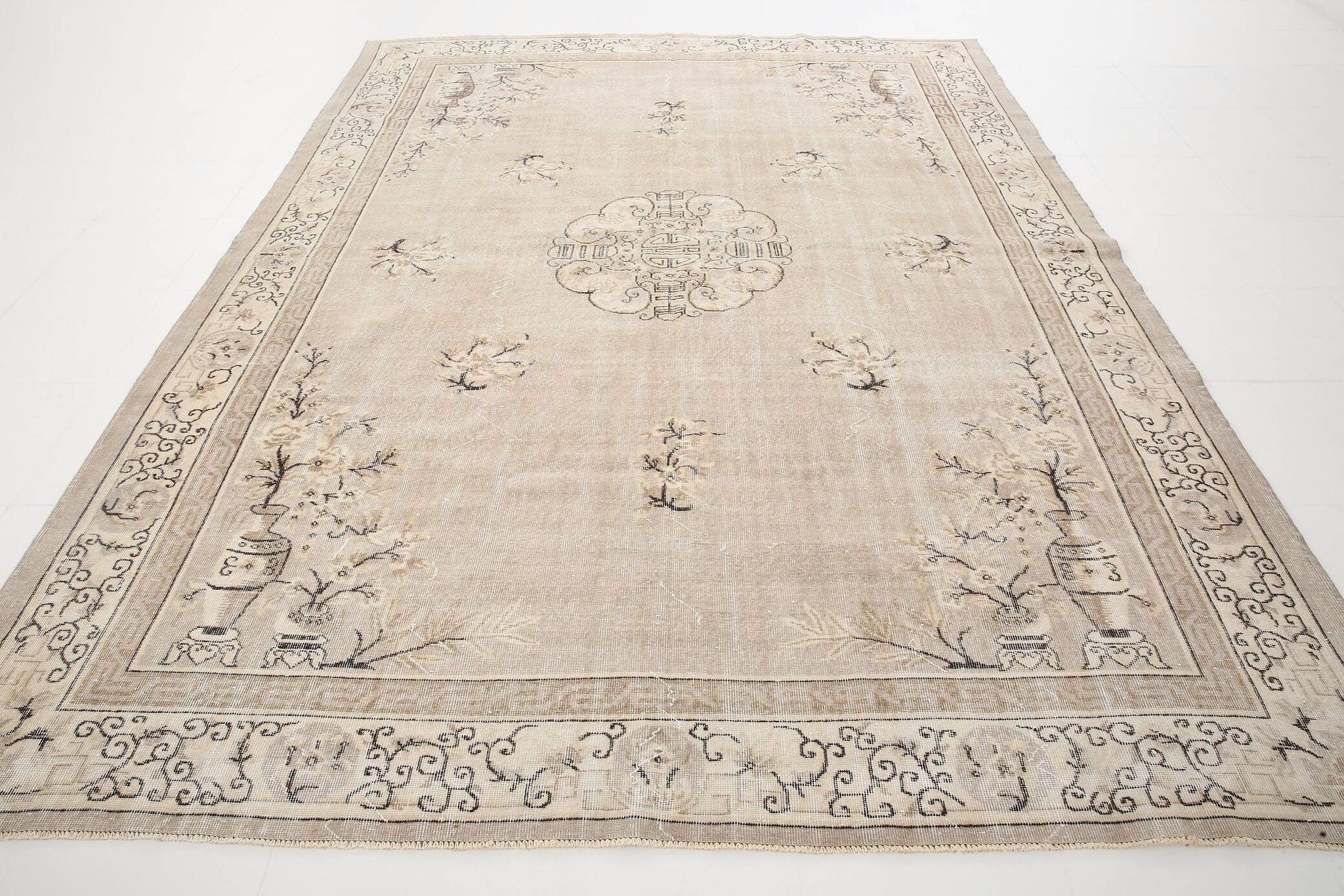 Grand Tapis Oriental Vintage Beige, Tapis Chinois Ancien, 260x342 Cm