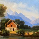 Tableau HST "Paysage de montagne à la cascade animé" XIX° + cadre