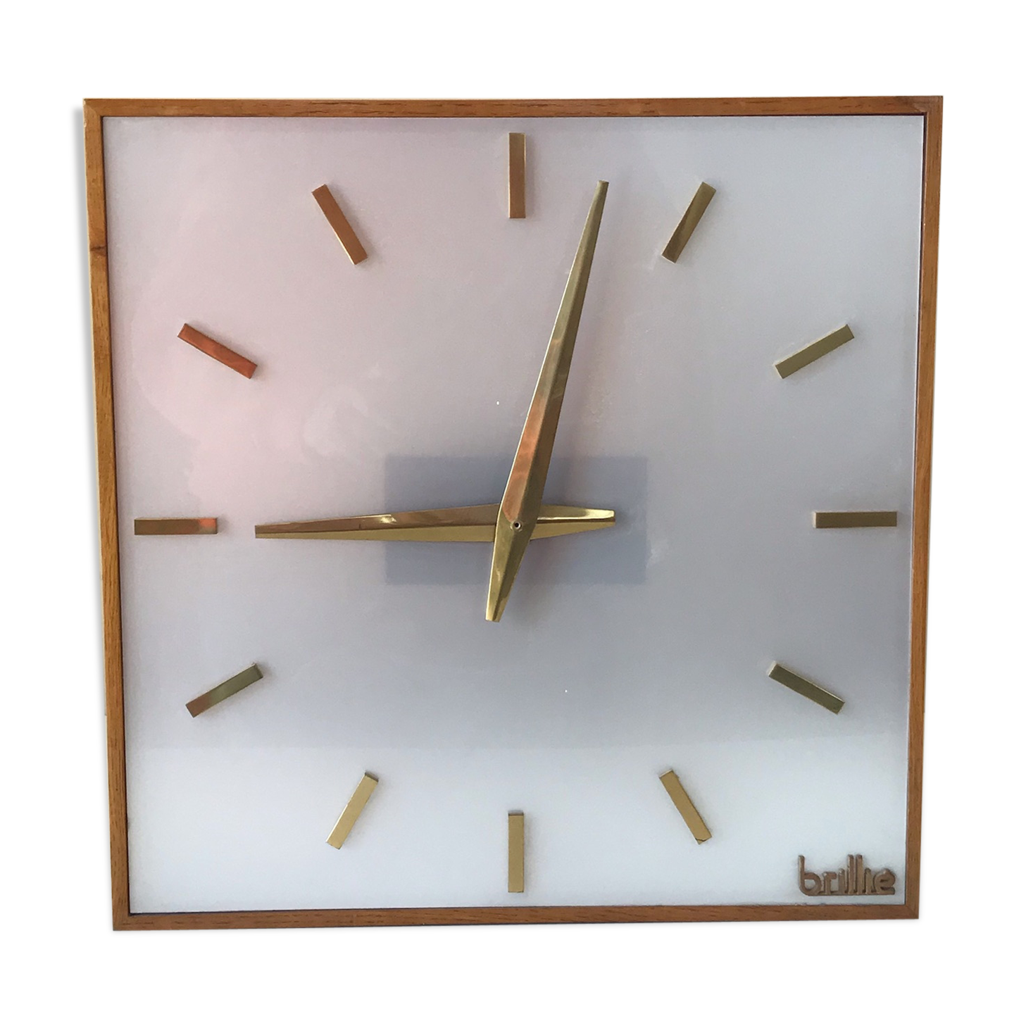 Large electric office clock vintage brass and wood Annees 60
