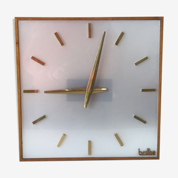 Large electric office clock vintage brass and wood Annees 60