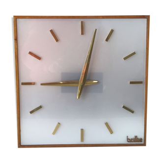 Large electric office clock vintage brass and wood Annees 60
