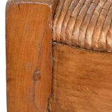 Pair of chairs with slatted backs and painted bands depicting animated landscapes.