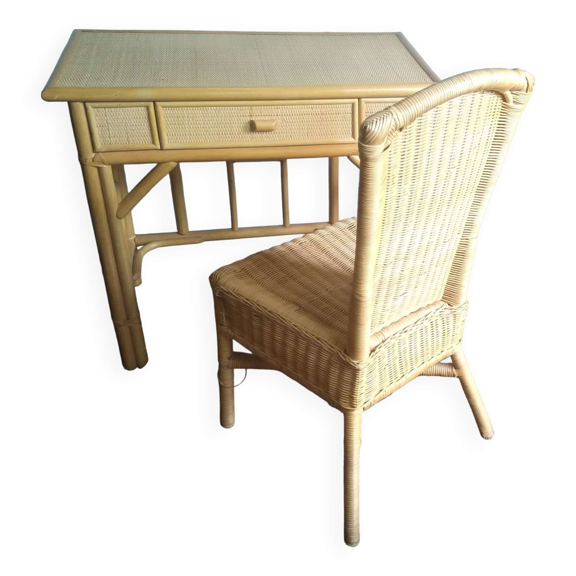 Bureau ou console et son fauteuil en rotin et bambou