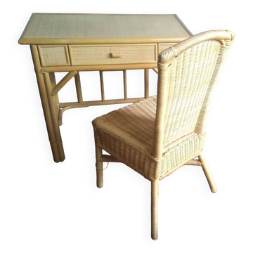 Bureau ou console et son fauteuil en rotin et bambou