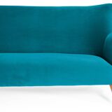 Canapé élégant trois places en velours, années 60, turquoise, restauré