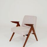 Fauteuil Lounge Beige Tressé Revêtement Bois Couleur Noyer