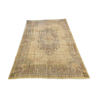 Tapis Oushak beige décor rustique, 7x10, surteint sable, pour salon, MOON.144