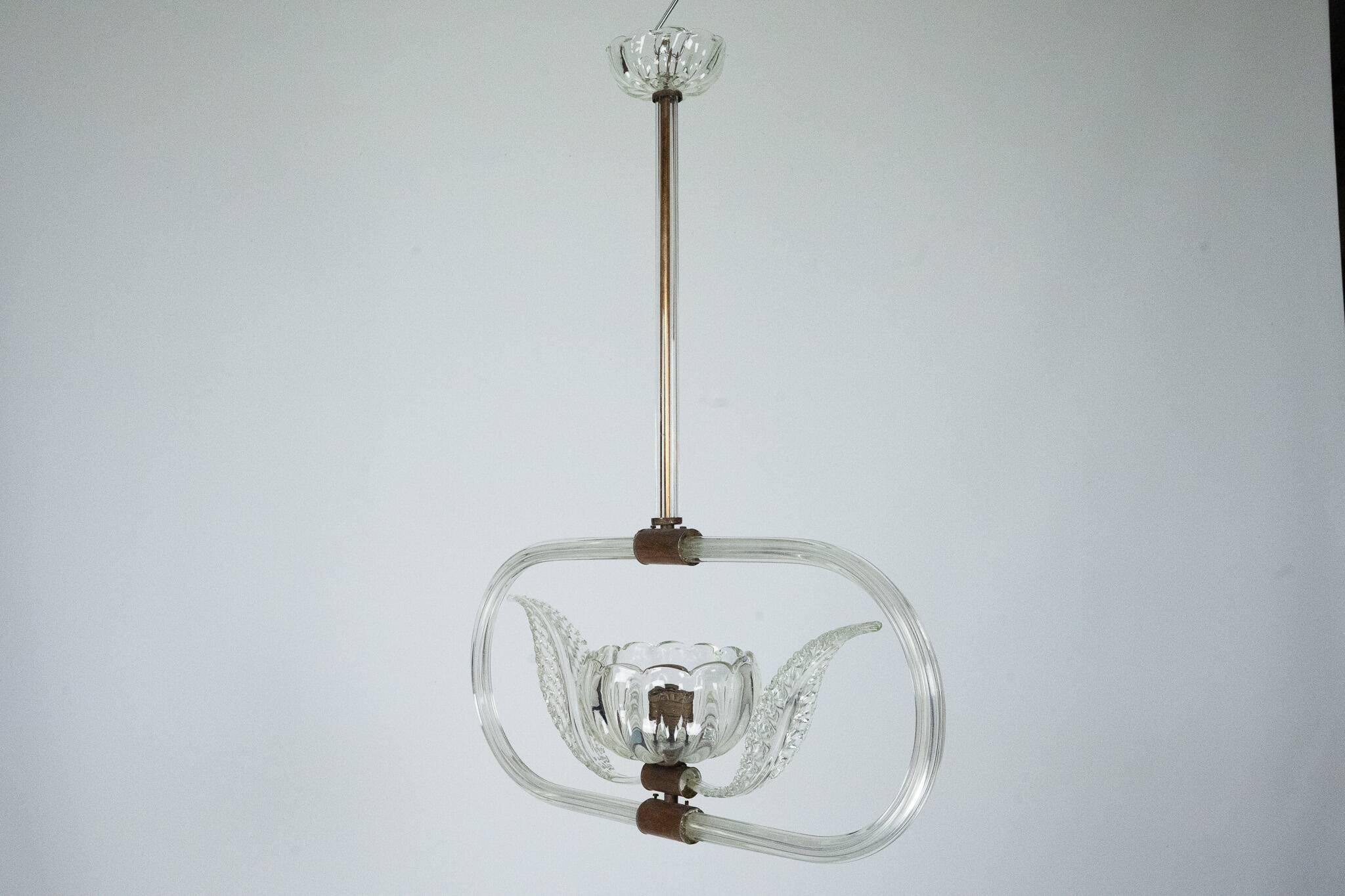 Art Deco Clear Murano glass chandelier. Italy 1940s