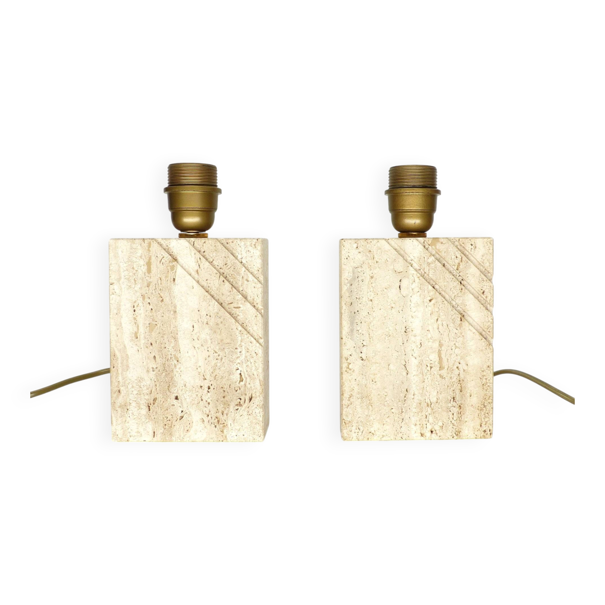 Pair of solid travertine table lamps with incised decoration, French production.