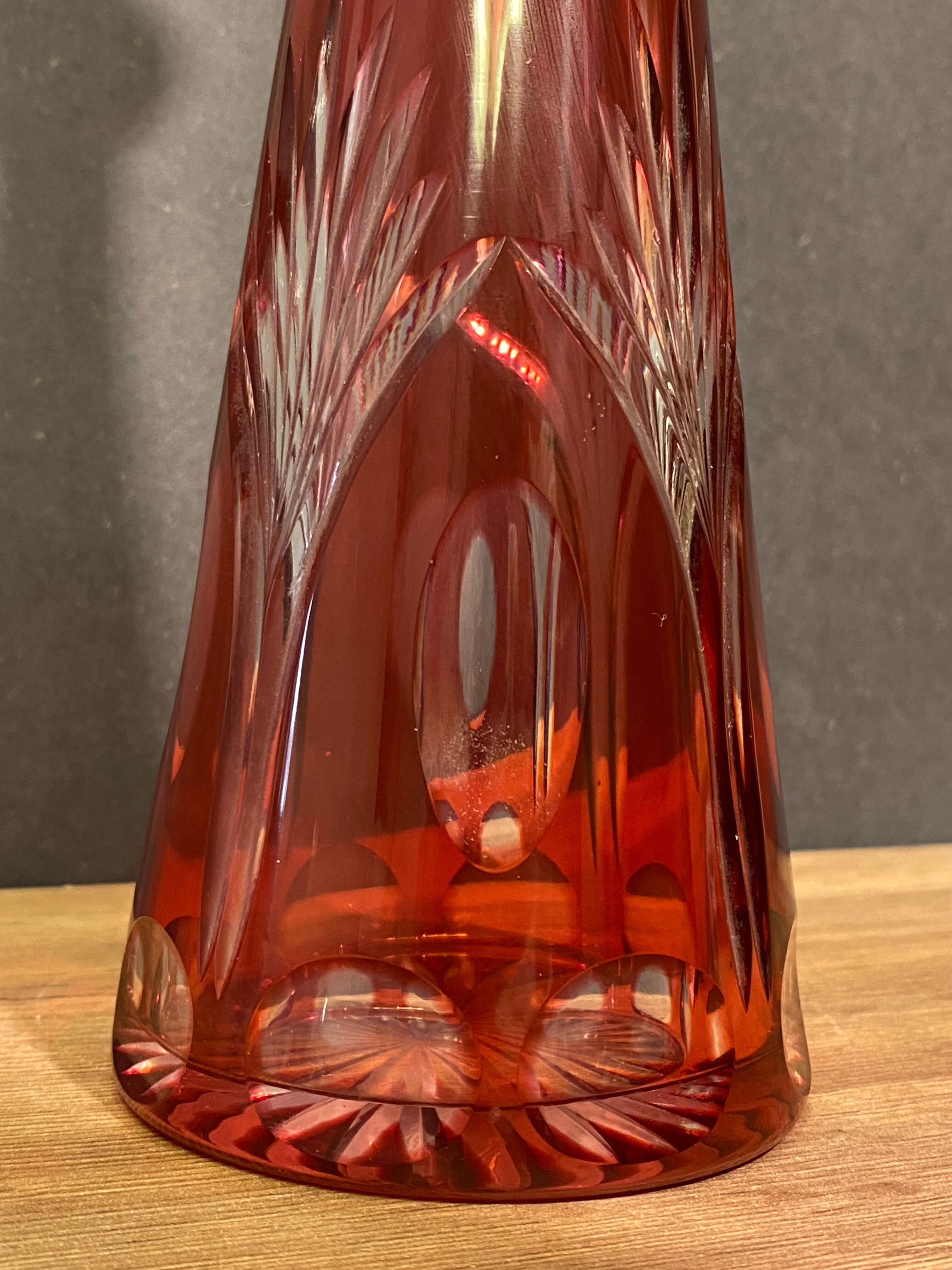 Piriform decanter in cut and tinted red crystal Overlay, Baccarat, Saint Louis