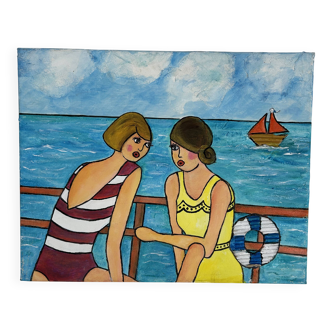 Original painting – Women by the seaside – Virginie Metz style – 50×60 cm