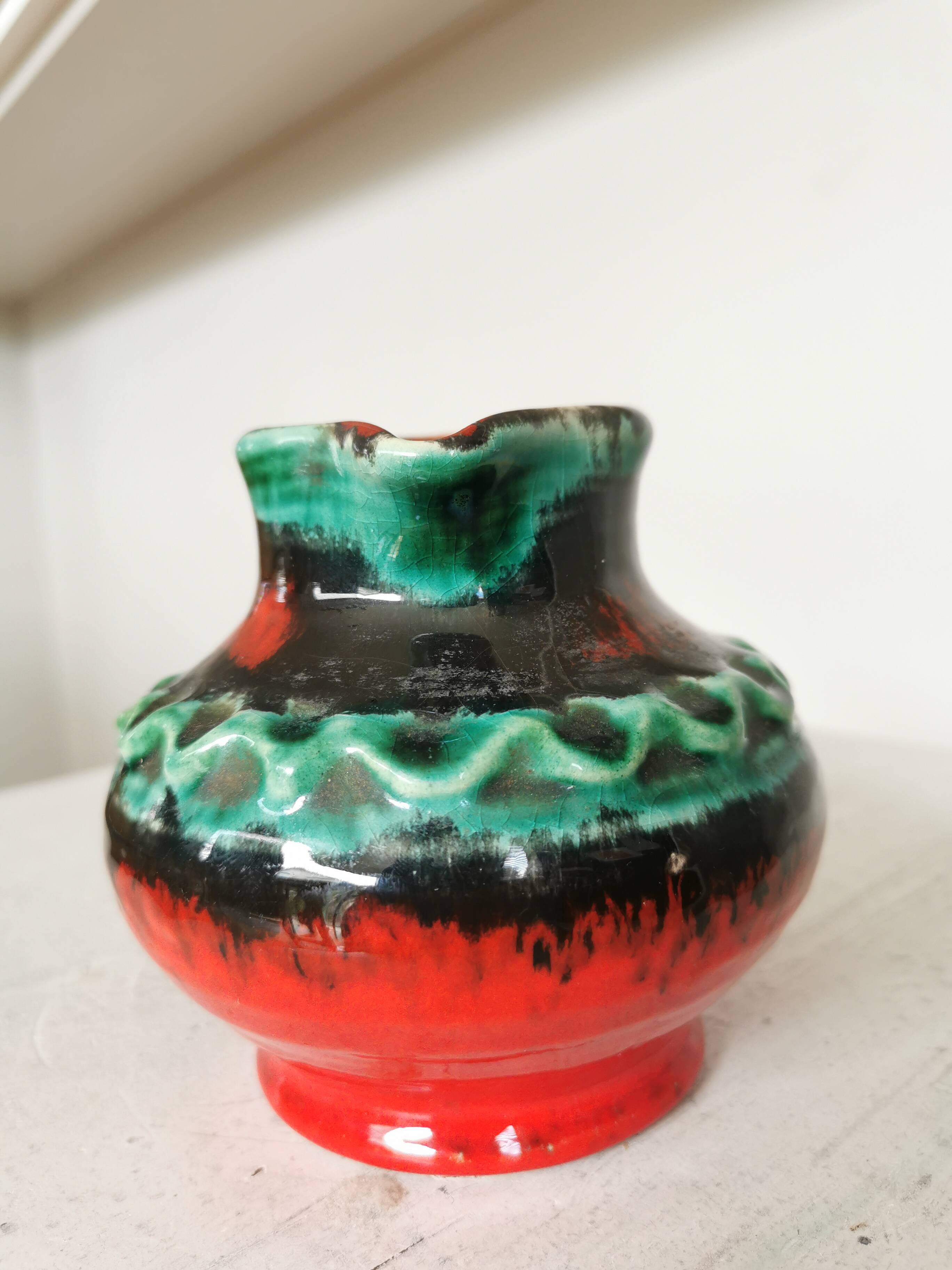 Fat Lava Pitcher Vase: Red Black Green Glaze, West German Pottery