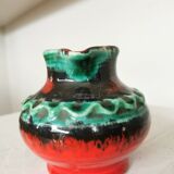 Fat Lava Pitcher Vase: Red Black Green Glaze, West German Pottery