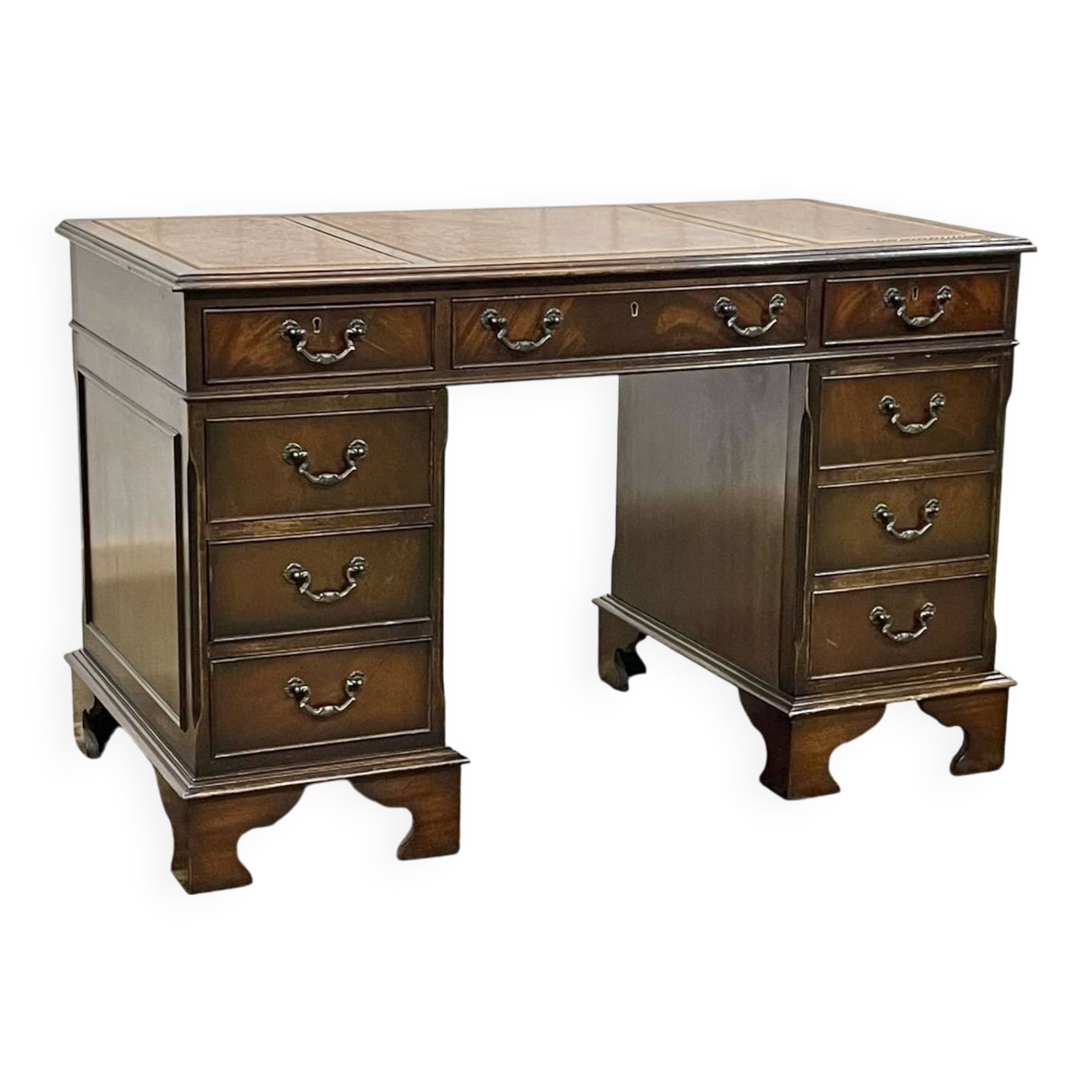 English mahogany pedestal desk with leather top from the 1950s