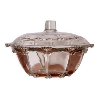 Bonbonniere, vintage sugar bowl in transparent chiseled glass