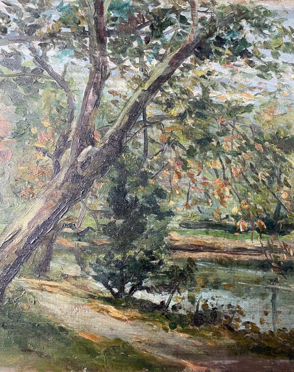 Tableau HSP ''L'étang arboré'' Parc signé C. Moris 1909