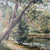 Tableau HSP "L'étang arboré" Parc signé C. Moris 1909