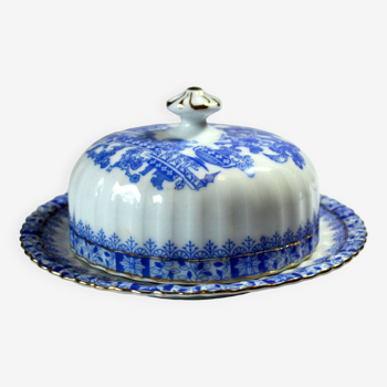 Beurrier Art Déco en porcelaine, fabriqué en Silésie/Allemagne par Tuppack dans les années 1920 - décor bleu de porcelaine
